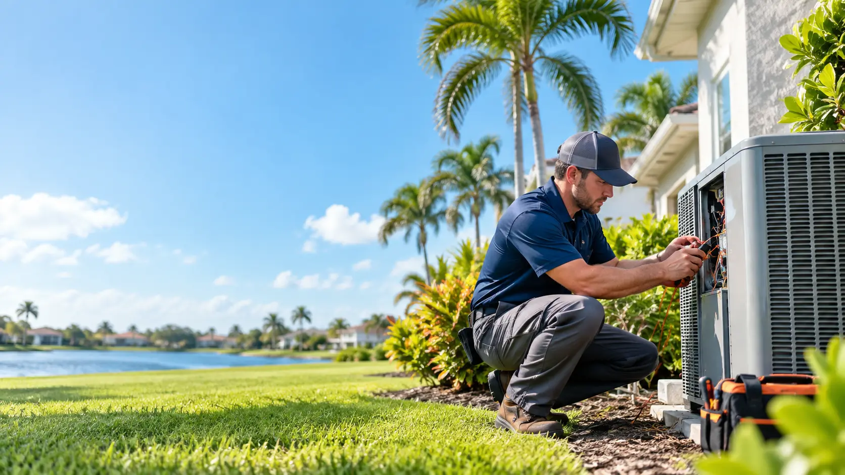 HVAC technician servicing an outdoor air conditioner at a Palm Bay Florida home